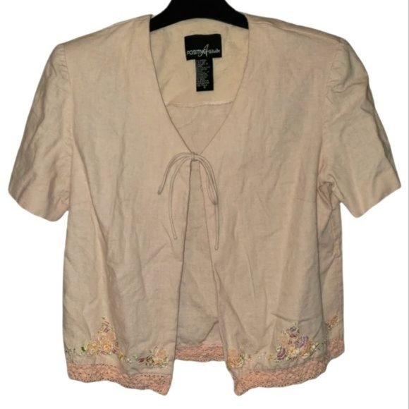 Positive Attitude Linen Blend Tie Front Short Sleeve Embellished Jacket Size 8 - Picture 1 of 6